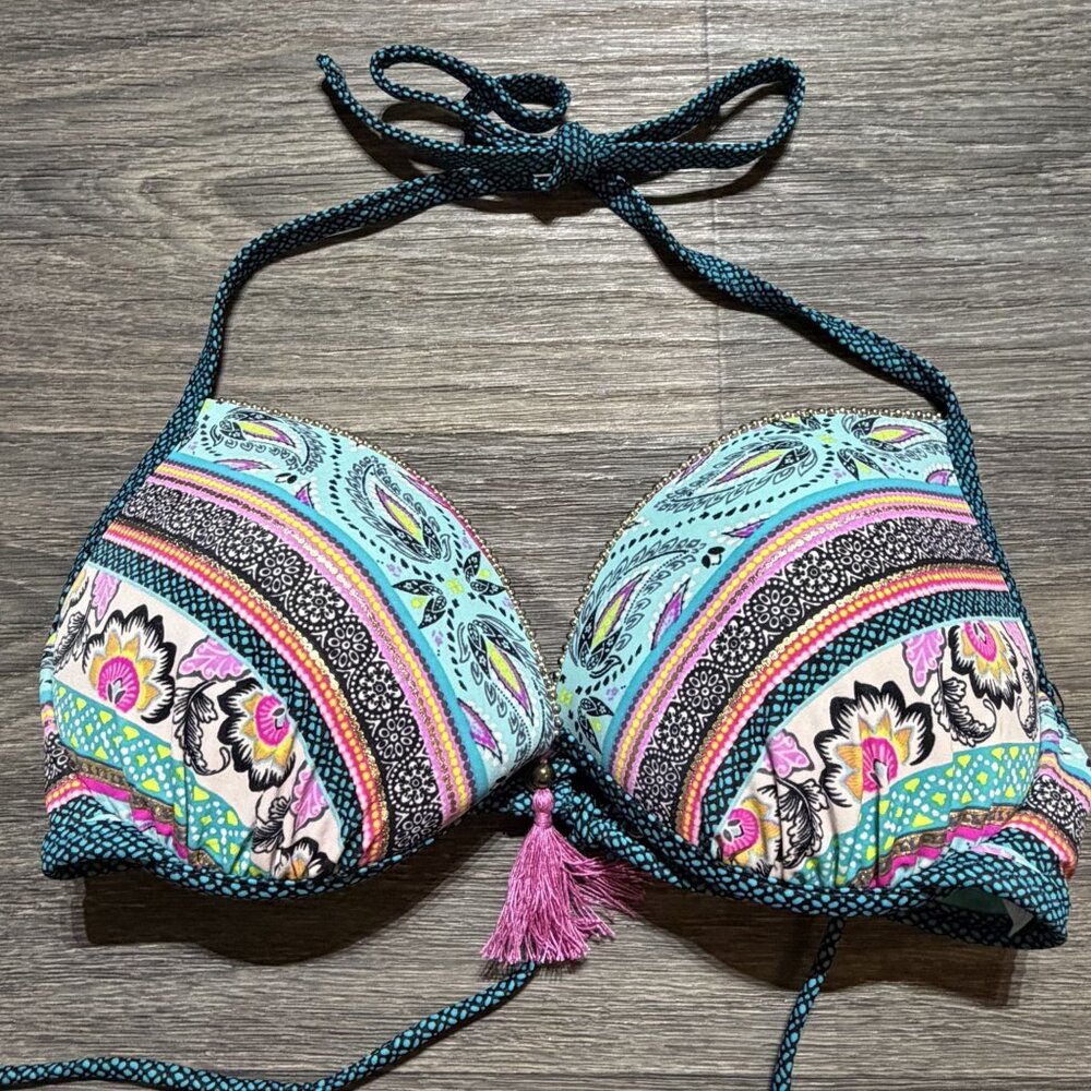 Shade & Shore 38B Halter Push Up Plunge Bikini Boho Swim Top Tassel Colorful